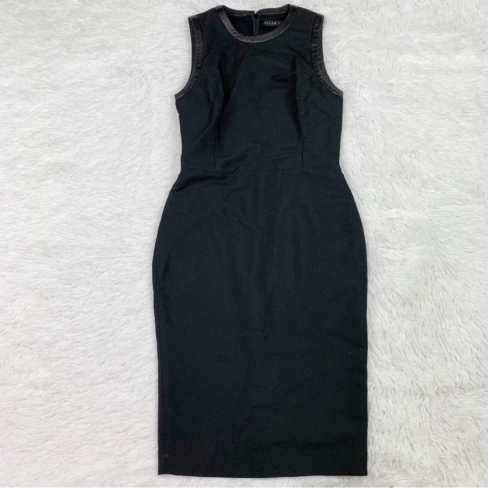 Ralph Lauren Black Label sleeveless sheath dress lambskin leather trim in Black‎